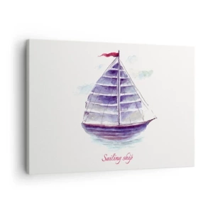 Schilderen op canvas - Een aquarel van een zeilboot op het water met een delicate inscriptie - 70x50cm - Volle zeilen en rustig water - Moderne wanddecoratie voor woonkamer en slaapkamer ARTTOR