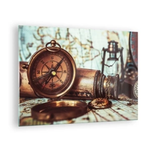 Schilderen op glas - Een antiek kompas en kaart tegen de achtergrond van piratenavonturen - 70x50cm - Een piratenavontuur in het Caribisch gebied wacht op je - Moderne wanddecoratie voor woonkamer en slaapkamer ARTTOR