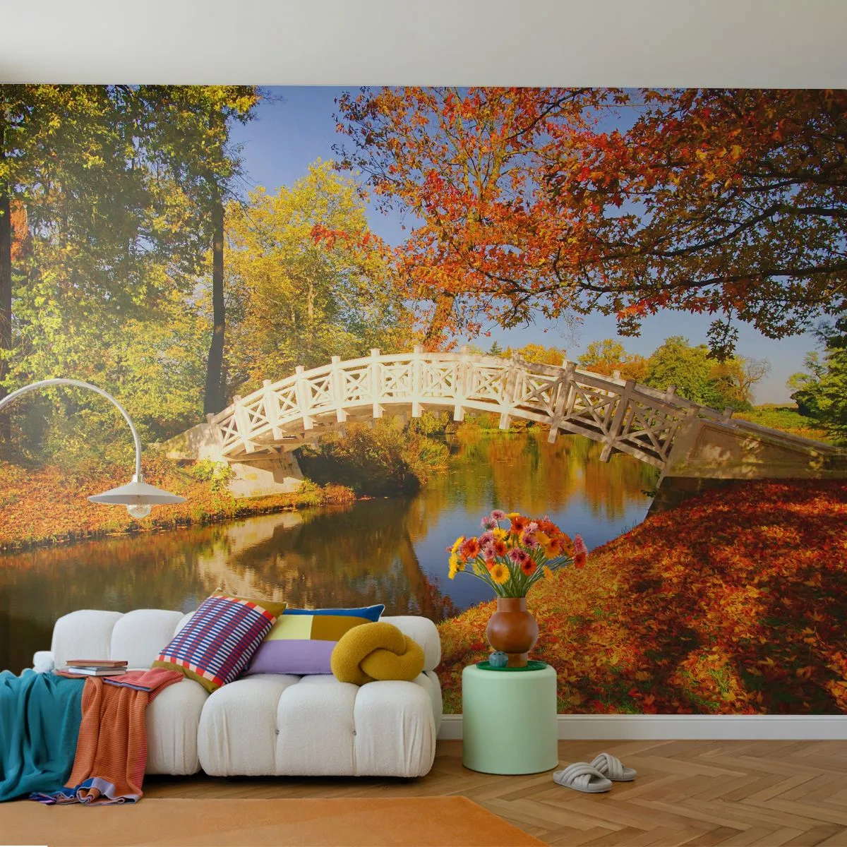 Zelfklevend Fotobehang Deluxe Sticker - Op de witte brug der zuchten - Landschap, Park, Houten brug - 250x175 cm