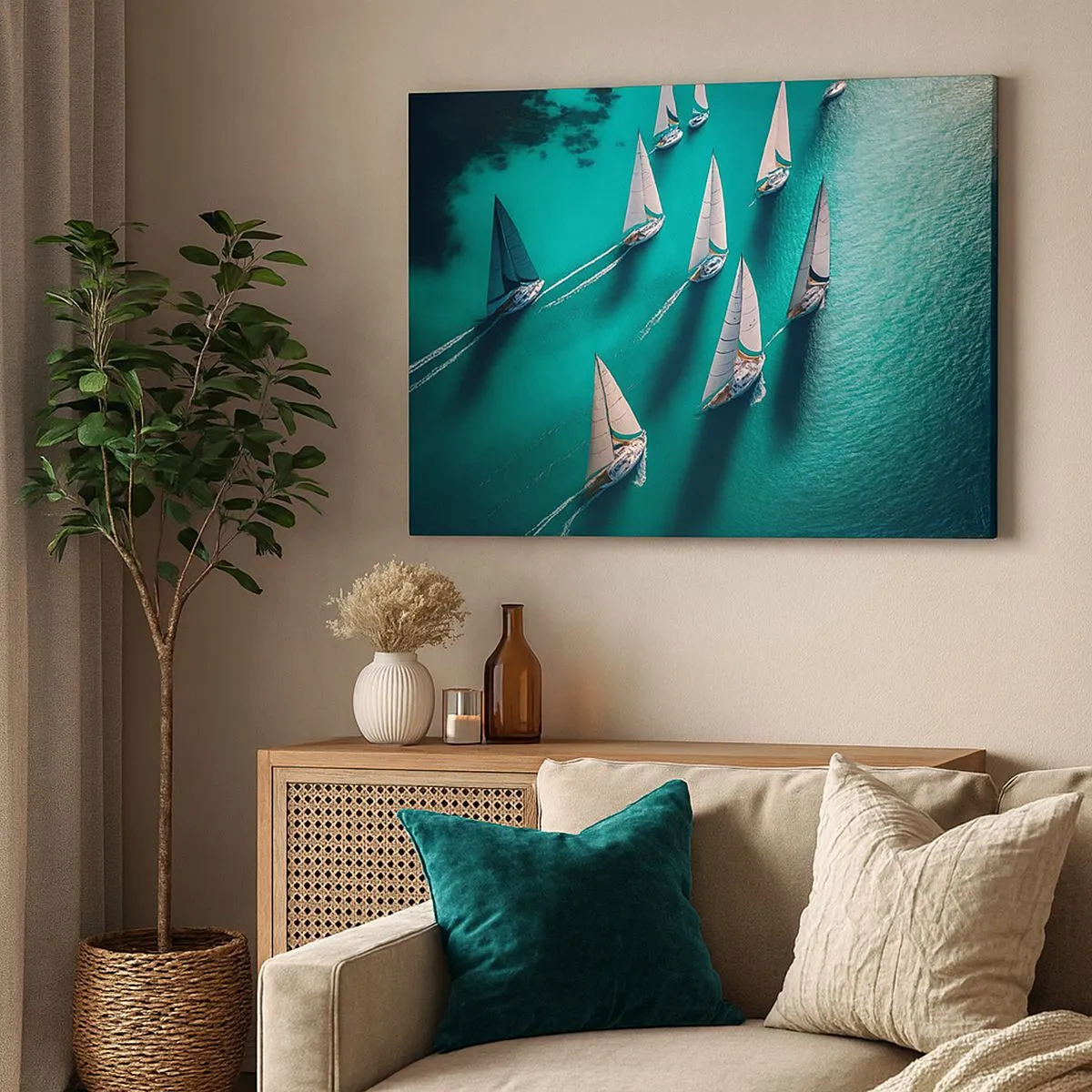 Schilderen op canvas - Jachten op turquoise water in dynamische beweging - 70x50cm - In een wedstrijd met de wind - Moderne wanddecoratie voor woonkamer en slaapkamer ARTTOR