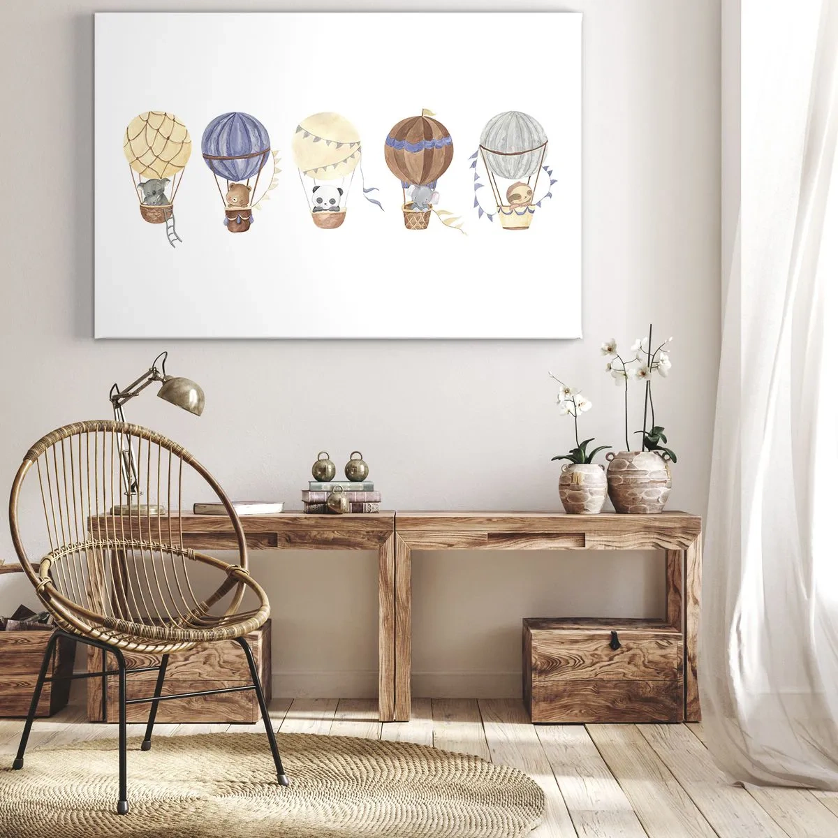 Schilderen op canvas - Schattige dieren in ballonnen op een witte achtergrond - 70x50cm - Vrienden onderweg - Moderne wanddecoratie voor woonkamer en slaapkamer ARTTOR