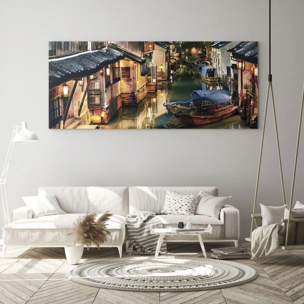 Schilderen op glas - Een avond op een Chinese straat - 90x30 cm