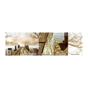 Fotobehang Monster Zelfklevend Deluxe Sticker - Het milde verdriet van de herfst - Landschap, Meer, Houten brug - 100x30 cm