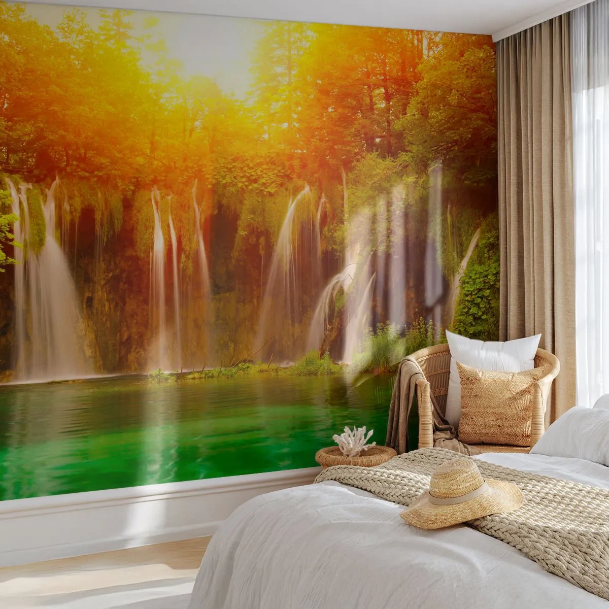 Zelfklevend Fotobehang Deluxe Sticker - In de zon en in de schaduw - Landschap, Waterval, Kroatië - 250x175 cm