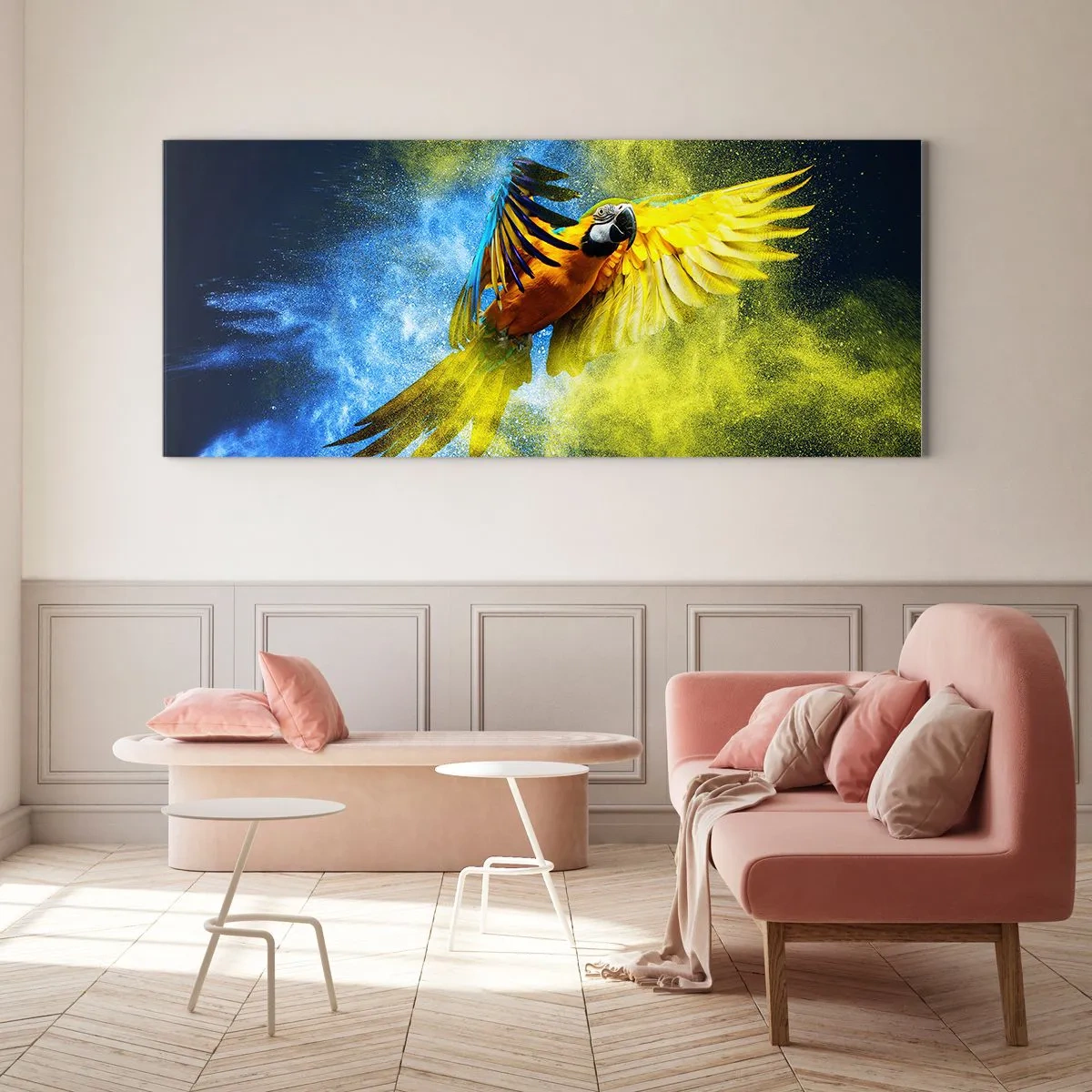 Schilderen op glas - In het blauwe en gouden stof - 100x40 cm