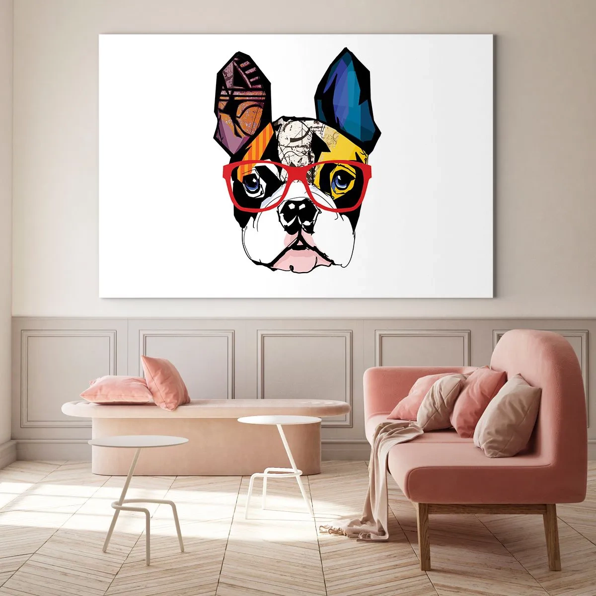 Schilderen op glas - Bulldog met een kleurrijke bril op een witte achtergrond - 70x50cm - intellectueel - Moderne wanddecoratie voor woonkamer en slaapkamer ARTTOR