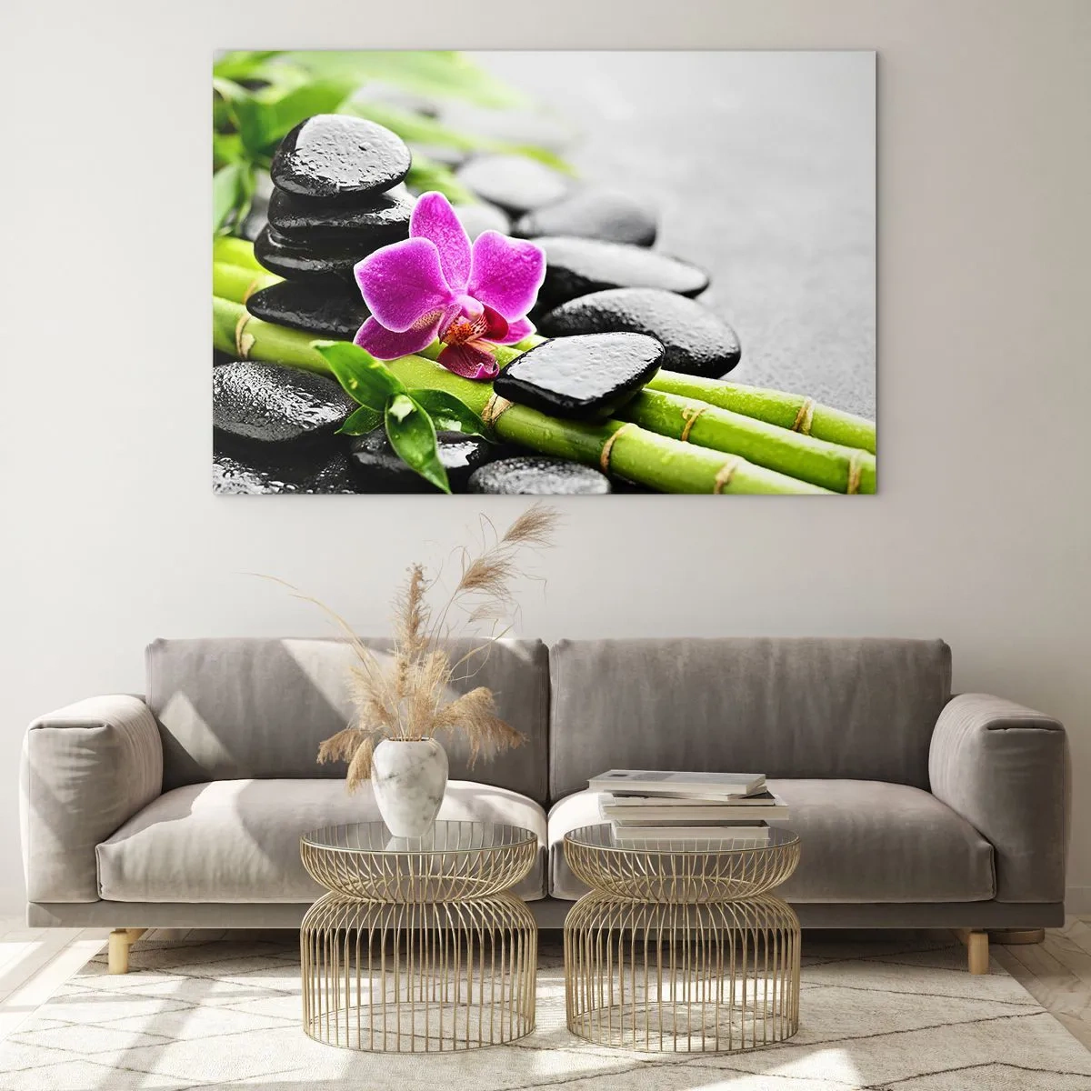 Schilderen op glas - Orchidee, zwarte stenen en bamboe in een rustige opstelling - 70x50cm - In een vrede evenwicht - Moderne wanddecoratie voor woonkamer en slaapkamer ARTTOR