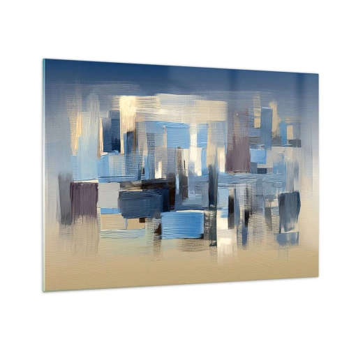 Schilderen op glas - Geometrische penseelstreken in tinten blauw en beige - 70x50cm - Blauwe constructie - Moderne wanddecoratie voor woonkamer en slaapkamer ARTTOR