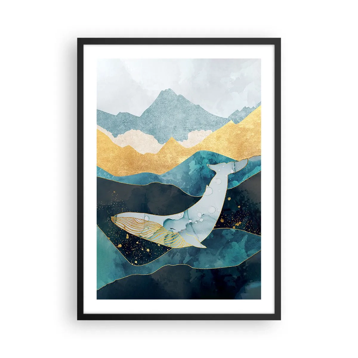 Poster in een zwarte lijst - Een abstracte walvis die tussen gouden golven drijft. - 50x70cm - De koele schoonheid van het noorden - Moderne wanddecoratie voor woonkamer en slaapkamer ARTTOR