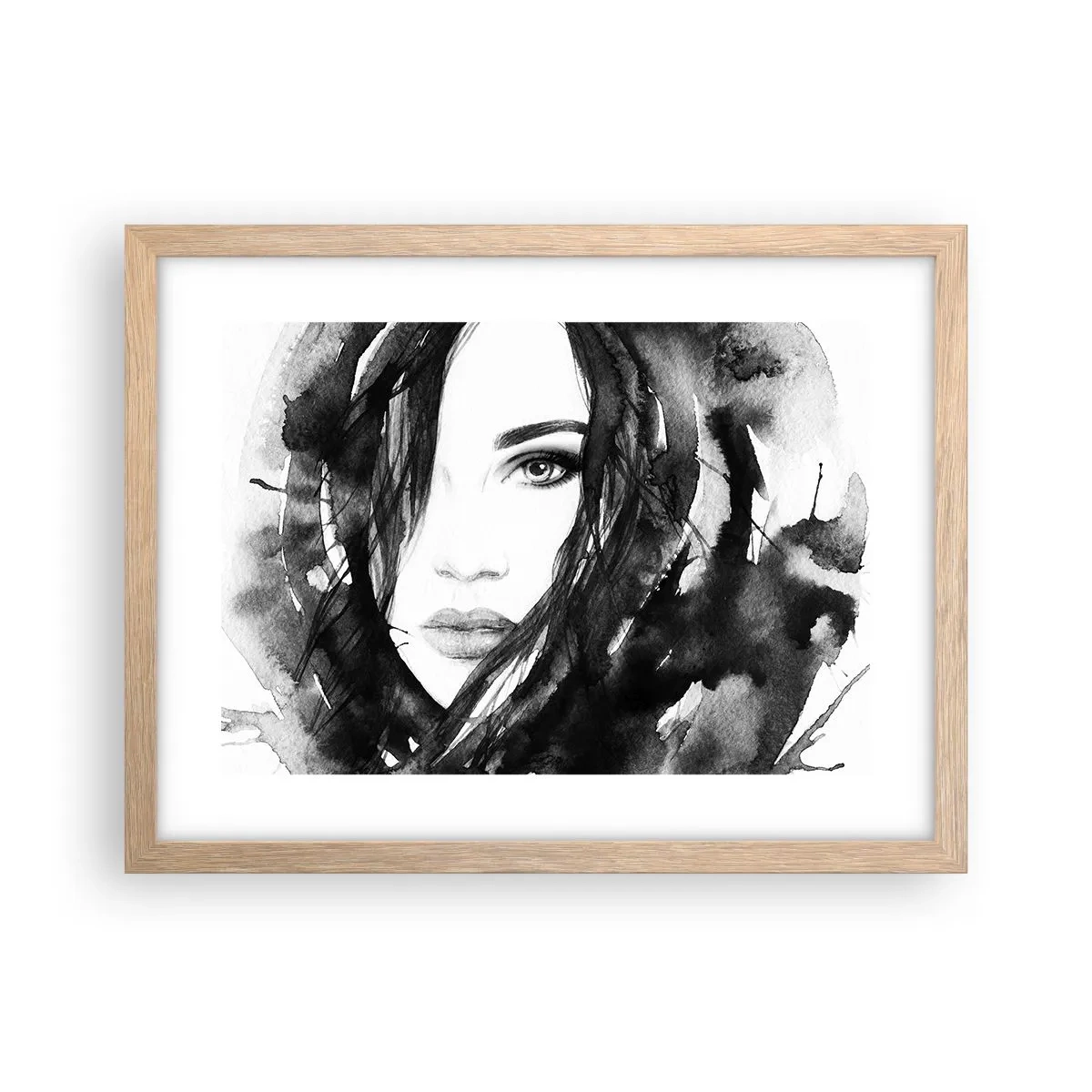 Een poster in een licht eiken lijst - Portret van een dame in zwart en wit - 40x30 cm