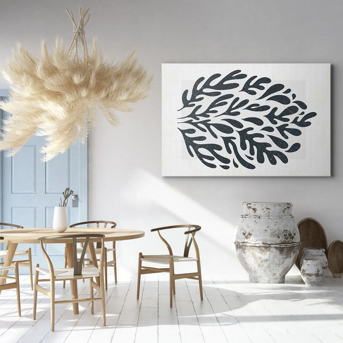 Schilderen op canvas - Donker abstract bladmotief op een lichte achtergrond - 70x50cm - Vormen van de natuur - Moderne wanddecoratie voor woonkamer en slaapkamer ARTTOR