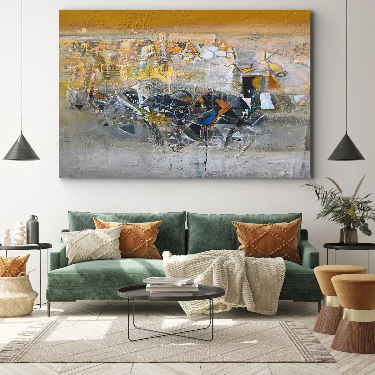 Schilderen op canvas - Abstractie met dominante tinten geel en grijs - 70x50cm - Alles komt goed - Moderne wanddecoratie voor woonkamer en slaapkamer ARTTOR