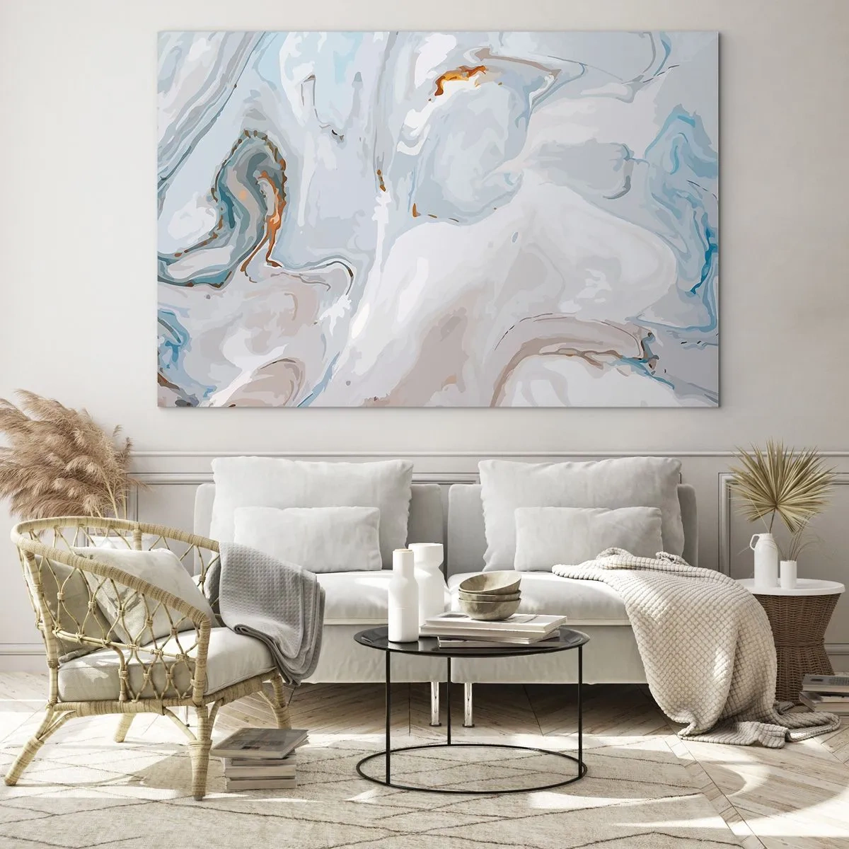 Schilderen op glas - Een subtiel marmerpatroon in tinten blauw en wit - 70x50cm - Het wit is verheven - Moderne wanddecoratie voor woonkamer en slaapkamer ARTTOR