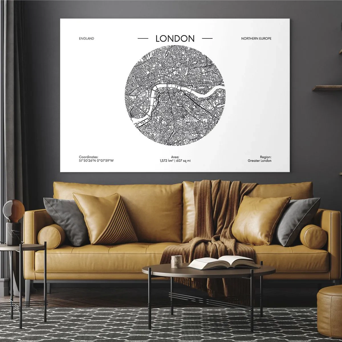 Schilderen op glas - Een gedetailleerde kaart van Londen in grafische zwart-witstijl. - 70x50cm - Anatomie van Londen  - Moderne wanddecoratie voor woonkamer en slaapkamer ARTTOR