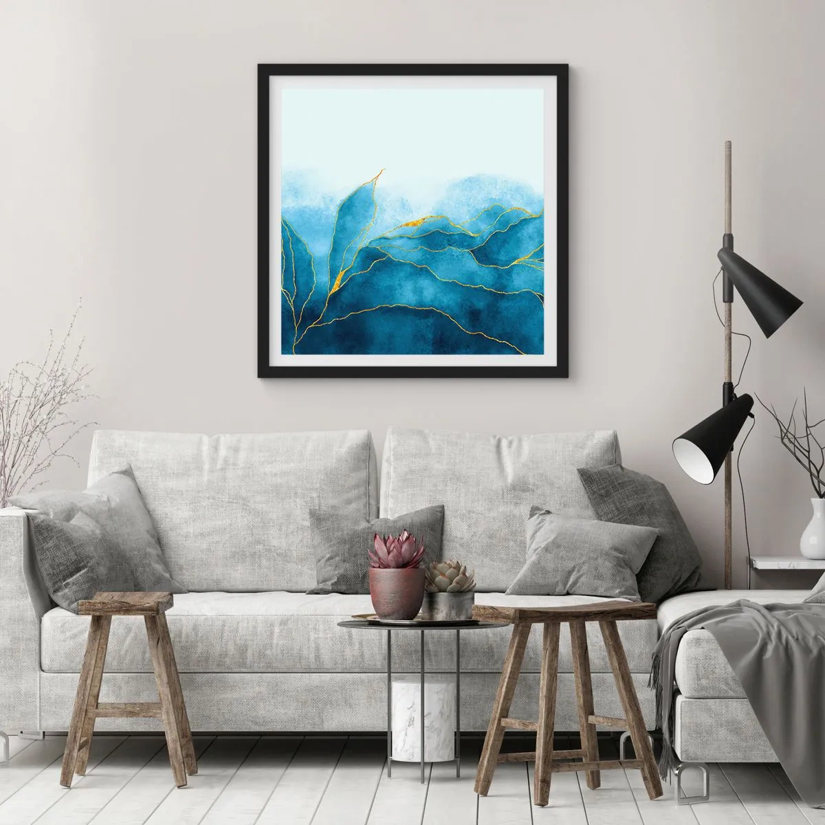 Poster in een zwarte lijst - Blauw in goud - 30x30 cm