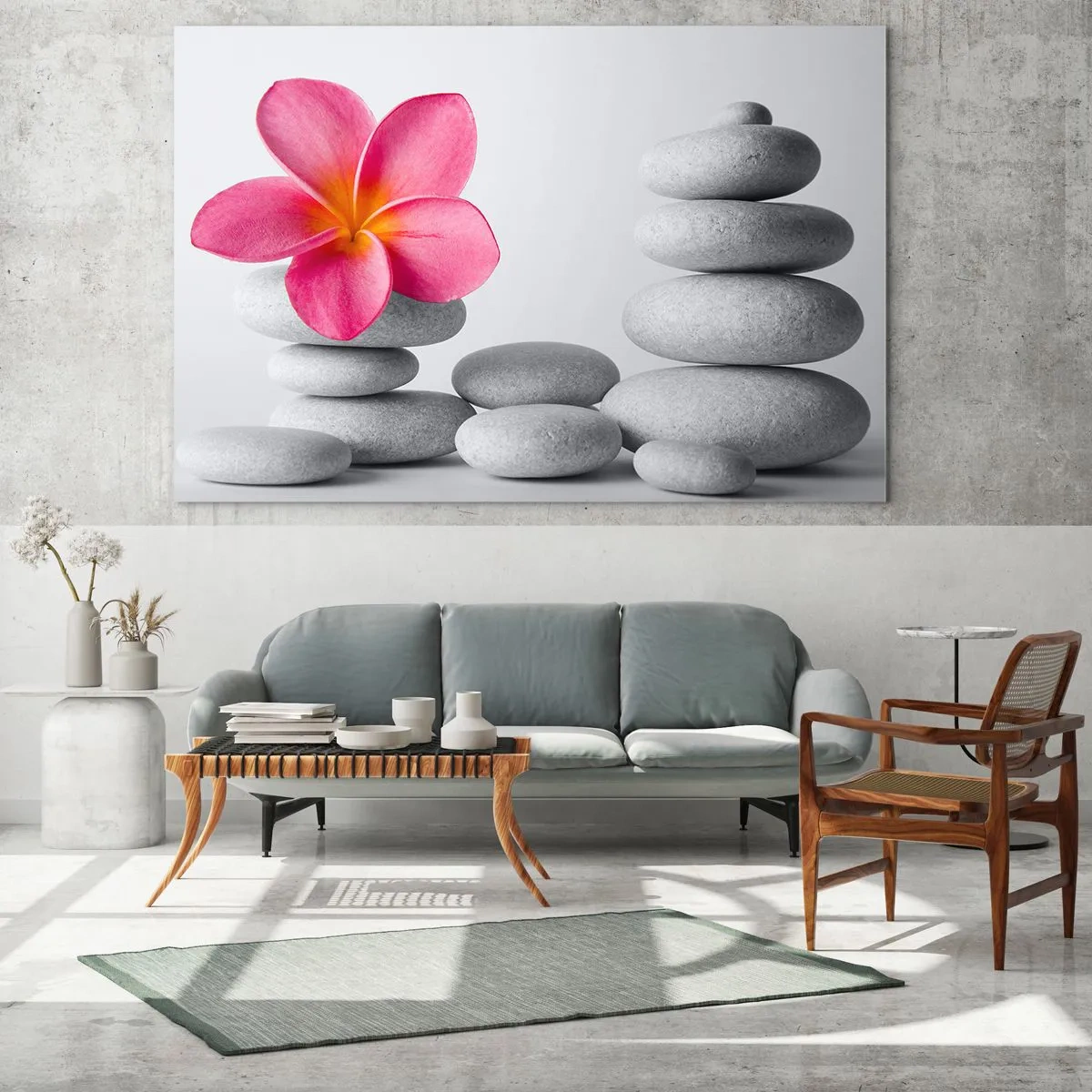 Schilderen op glas - Een roze bloem tegen een stapel witte stenen - 70x50cm - Steen op steen, en op deze steen... - Moderne wanddecoratie voor woonkamer en slaapkamer ARTTOR