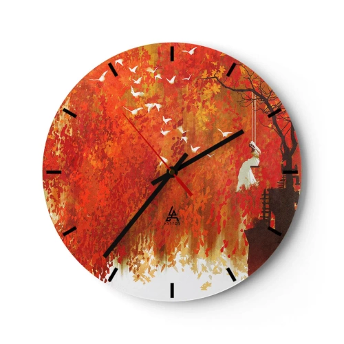 Wandklok - Klok - Herfsttafereel met een schommel omringd door gouden bladeren en vogels - 30x30cm - Zal hij met hen vliegen? - Moderne wanddecoratie voor woonkamer, keuken en slaapkamer ARTTOR