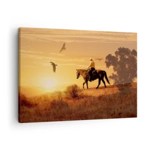Schilderen op canvas - Een ruiter op een paard bij zonsondergang tegen de prairie - 70x50cm - Alleen over de prairie - Moderne wanddecoratie voor woonkamer en slaapkamer ARTTOR