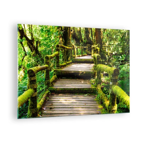 Schilderen op glas - Een houten pad in een groen bos bedekt met mos - 70x50cm - Door de gang van groen - Moderne wanddecoratie voor woonkamer en slaapkamer ARTTOR