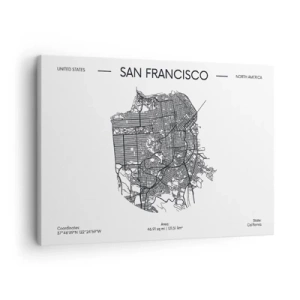 Schilderen op canvas - Een kaart van San Francisco in een minimalistische zwart-witstijl. - 70x50cm - Anatomie van San Francisco - Moderne wanddecoratie voor woonkamer en slaapkamer ARTTOR