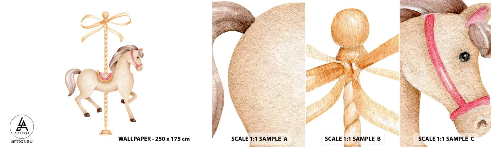 Fotobehang Staaltje Standard Eco - Een sierlijke draf - Paard, Draaimolen, Meisjesachtig - 100x30 cm