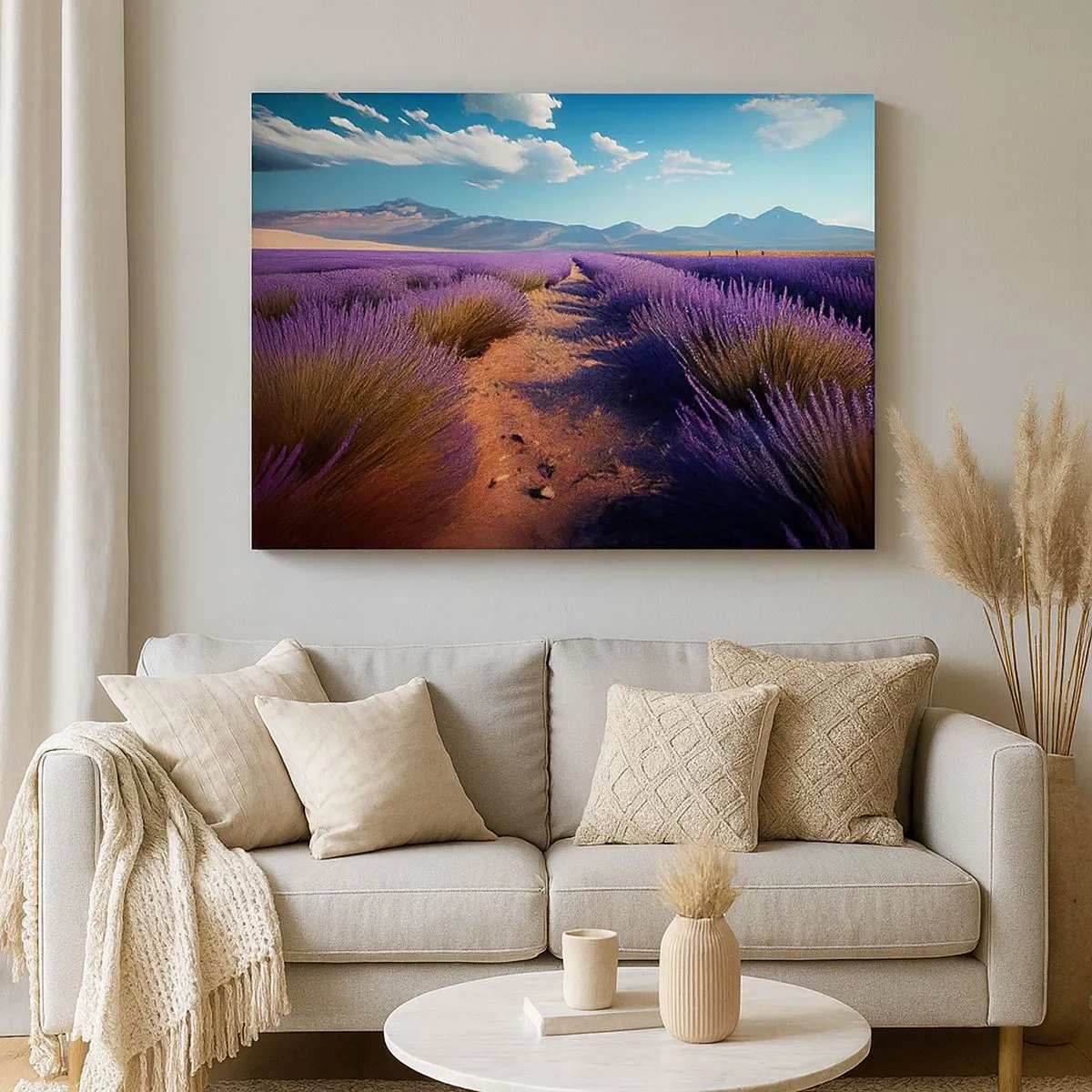 Schilderen op canvas - Een lavendelveld met uitzicht op de bergen en de blauwe lucht - 70x50cm - Geurige velden - Moderne wanddecoratie voor woonkamer en slaapkamer ARTTOR