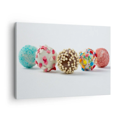 Schilderen op canvas - Kleurrijke pralines met versieringen op een witte achtergrond - 70x50cm - Het leven kan zoet zijn - Moderne wanddecoratie voor woonkamer en slaapkamer ARTTOR