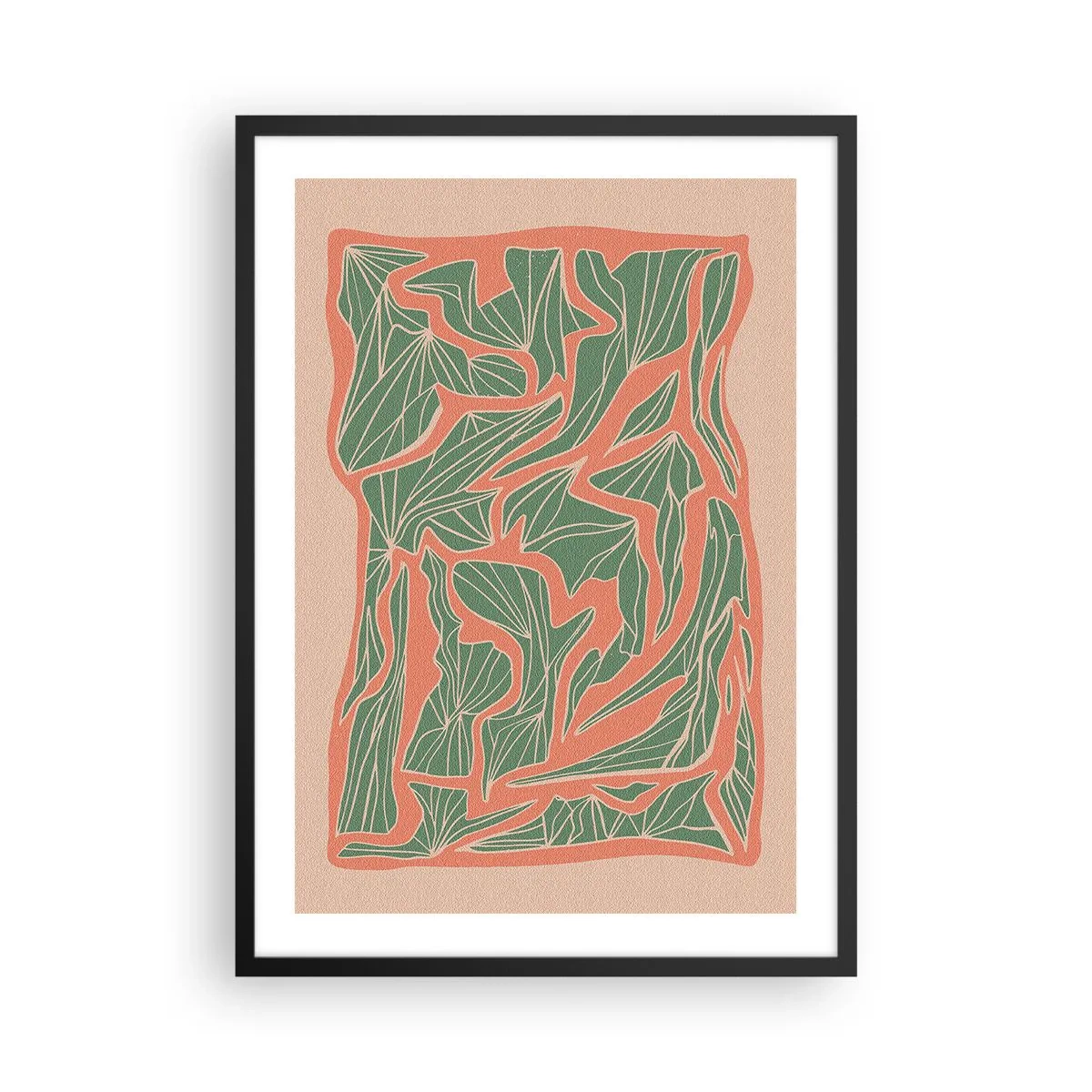 Poster in een zwarte lijst - Abstract bladpatroon in tinten groen en terracotta - 50x70cm - De strijd tussen koraal en groen - Moderne wanddecoratie voor woonkamer en slaapkamer ARTTOR
