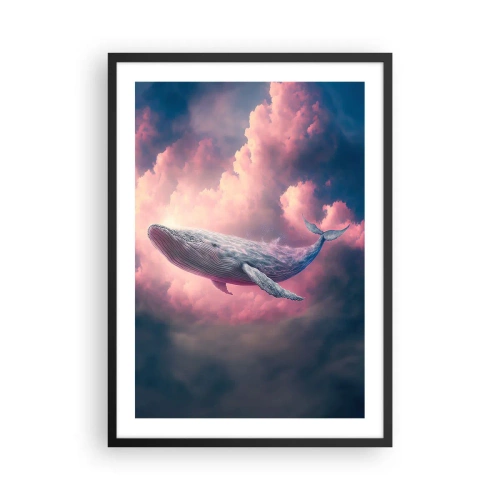Poster in een zwarte lijst - Een walvis vliegt tussen roze wolken bij zonsondergang. - 50x70cm - Wrijf over je ogen - Moderne wanddecoratie voor woonkamer en slaapkamer ARTTOR