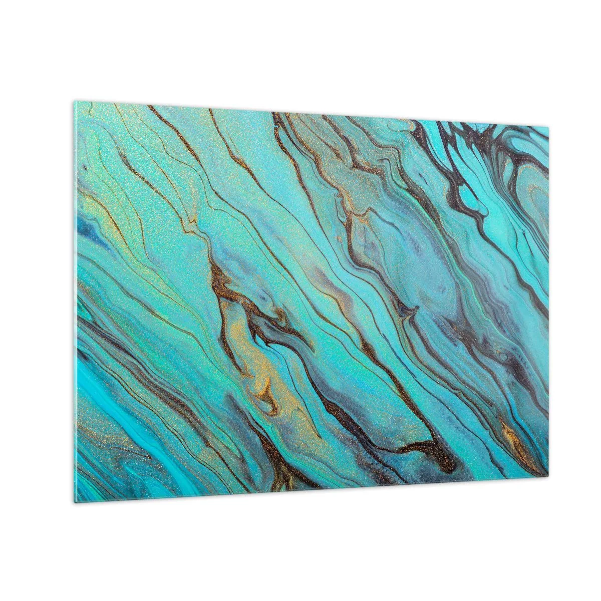 Schilderen op glas - Abstracte strepen in turquoise en goud - 70x50cm - Turquoise vloed - Moderne wanddecoratie voor woonkamer en slaapkamer ARTTOR