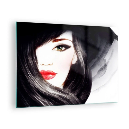 Schilderen op glas - Portret van een vrouw met zwart haar en expressieve rode lippen - 70x50cm - Saffier look - Moderne wanddecoratie voor woonkamer en slaapkamer ARTTOR