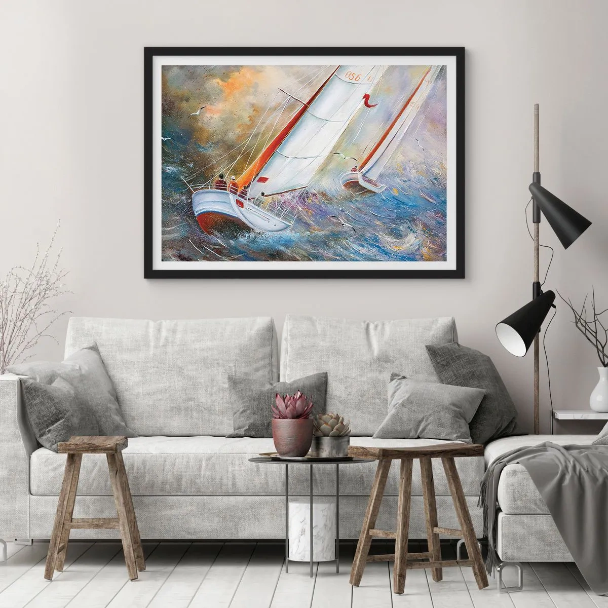 Poster in een zwarte lijst - Lopend op de golven  - 70x50 cm