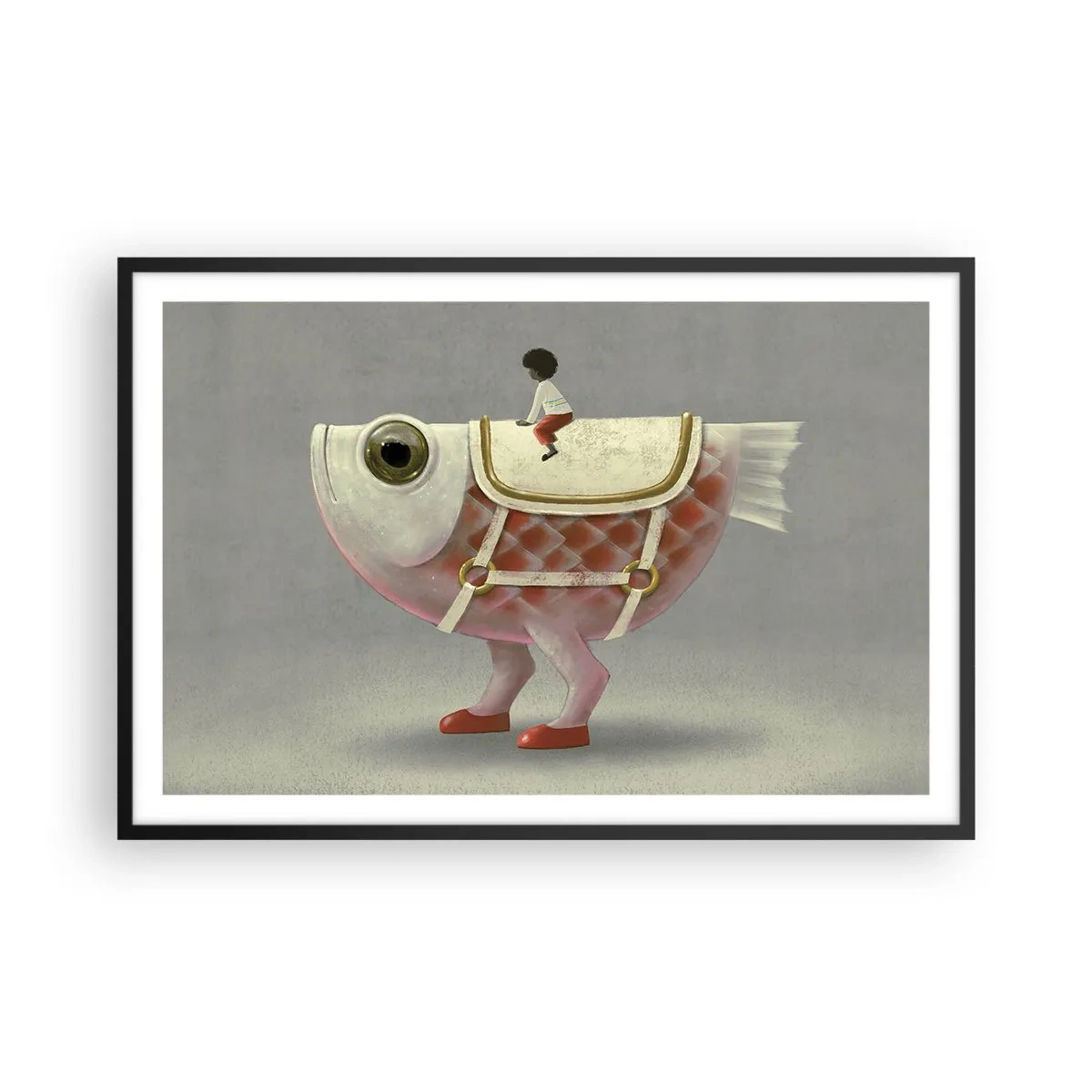 Poster in een zwarte lijst - Ruiter op een surrealistische vis - 91x61 cm