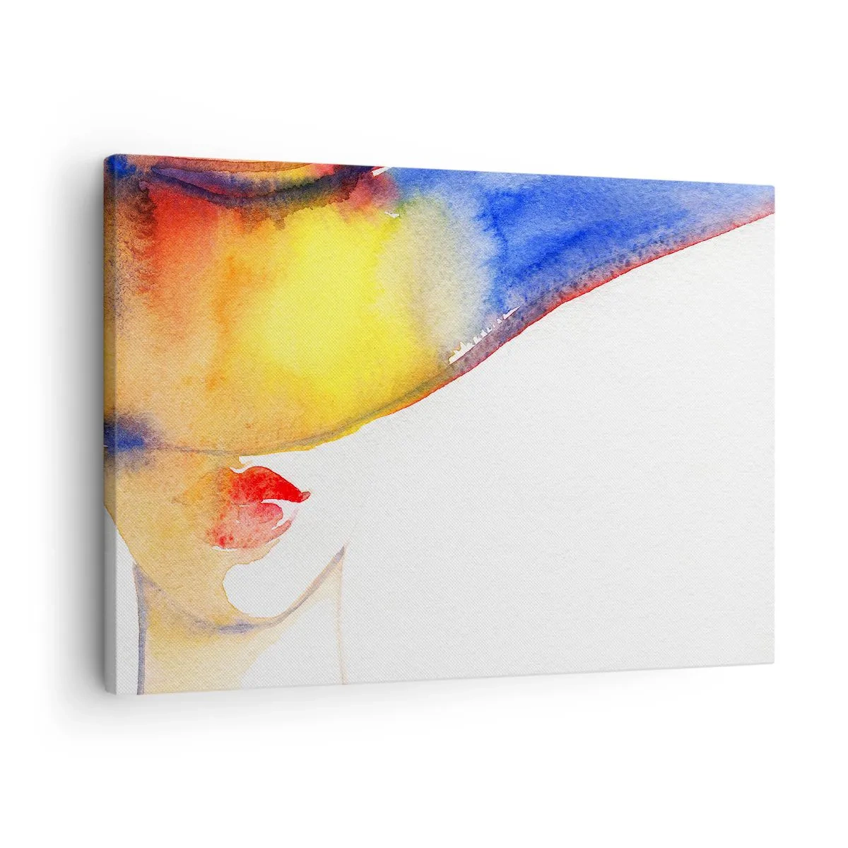 Schilderen op canvas - Een minimalistische aquarel van een vrouwenprofiel met een kleurrijke hoed. - 70x50cm - Portret van een dame - Moderne wanddecoratie voor woonkamer en slaapkamer ARTTOR