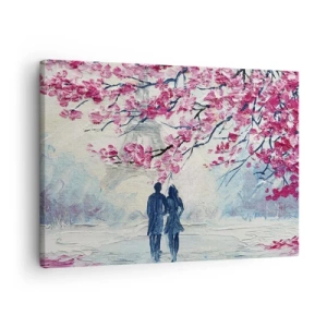 Schilderen op canvas - Een stel onder bloeiende roze bomen in een romantische setting - 70x50cm - Een romantische wandeling - Moderne wanddecoratie voor woonkamer en slaapkamer ARTTOR