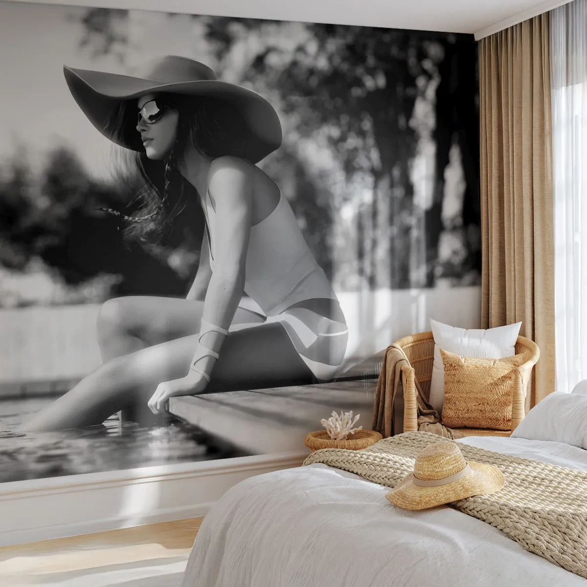 Fotobehang Premium Canvas - Zomerdroom - Vrouw, Hoed, Zwembad - 100x70 cm