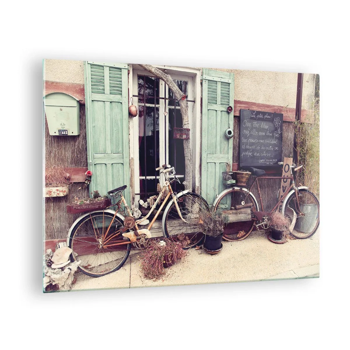 Schilderen op glas - Provinciaal landschap met fietsen - 70x50cm - Lang leve de provincie - Moderne wanddecoratie voor woonkamer en slaapkamer ARTTOR