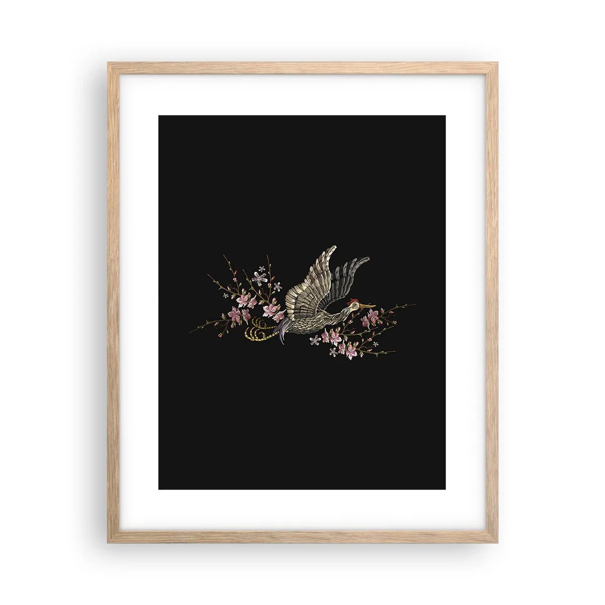 Een poster in een licht eiken lijst - Exotische geborduurde vogel - 40x50 cm