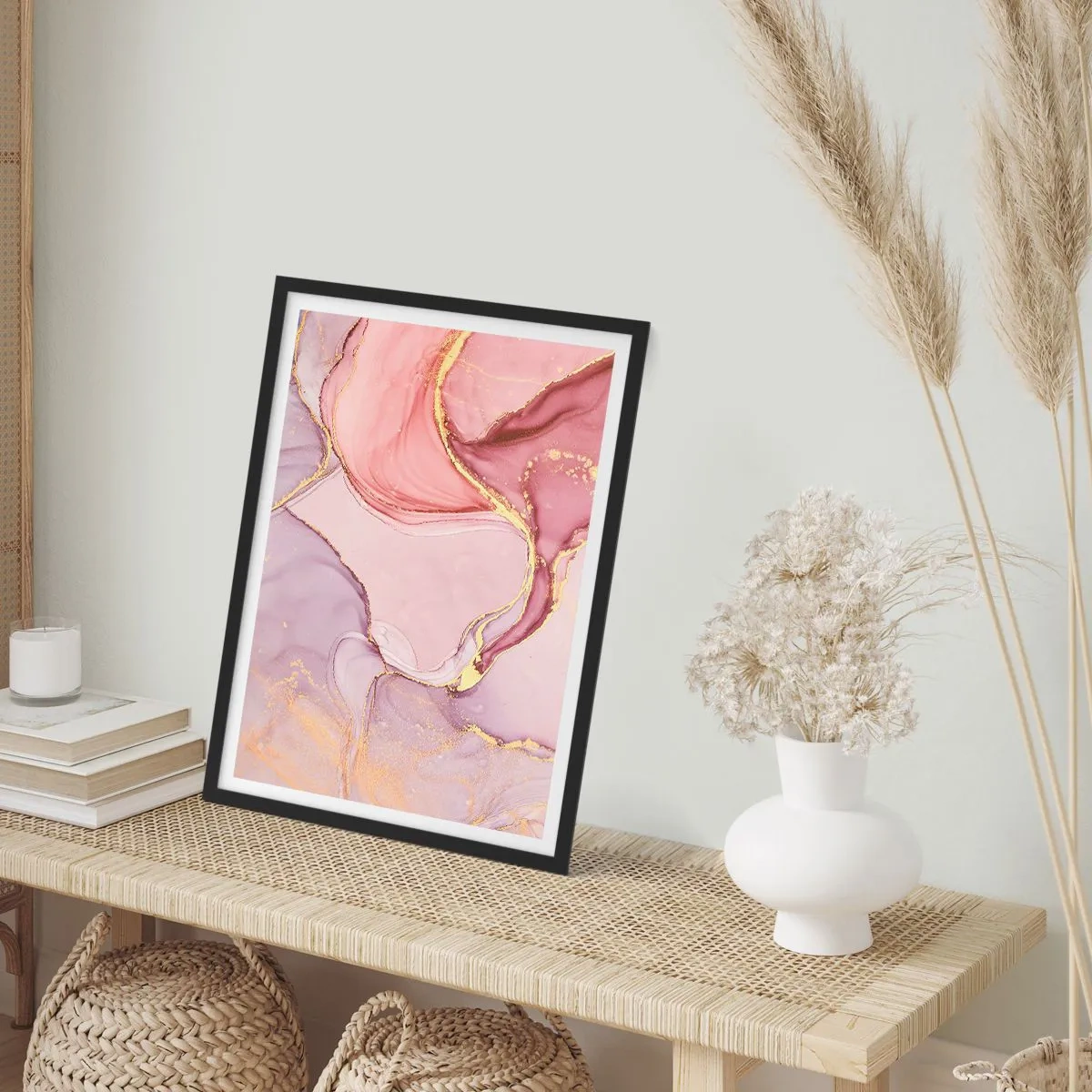 Poster in een zwarte lijst - Een abstracte combinatie van pasteltinten met gouden accenten. - 50x70cm - Een streling van kleuren - Moderne wanddecoratie voor woonkamer en slaapkamer ARTTOR