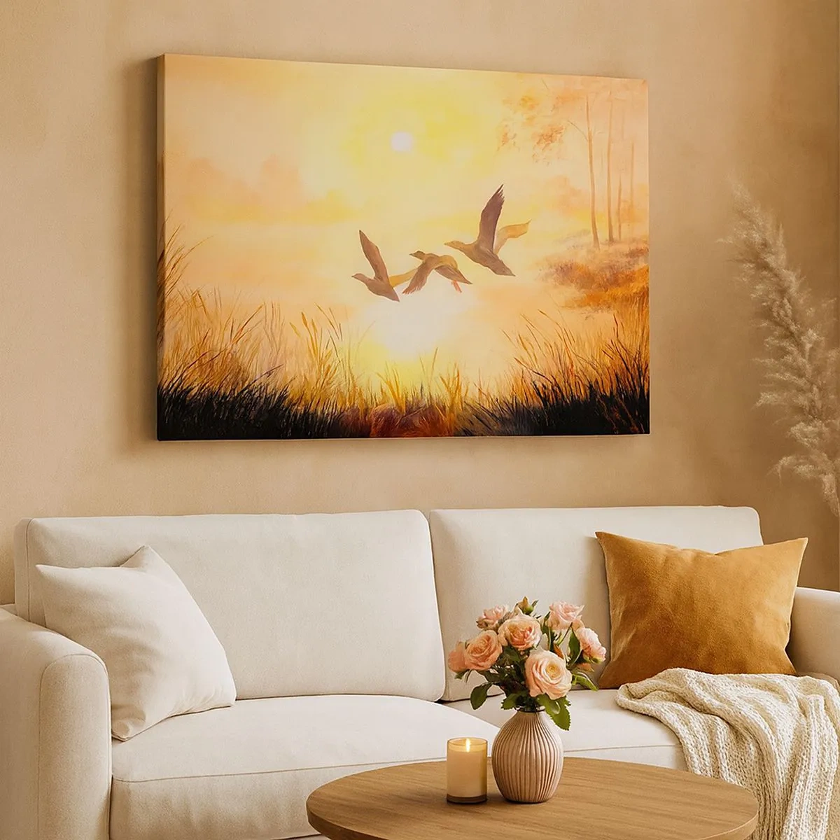 Schilderen op canvas - Eenden vliegen bij zonsopgang over het meer - 70x50cm - Het begin van een lange reis - Moderne wanddecoratie voor woonkamer en slaapkamer ARTTOR