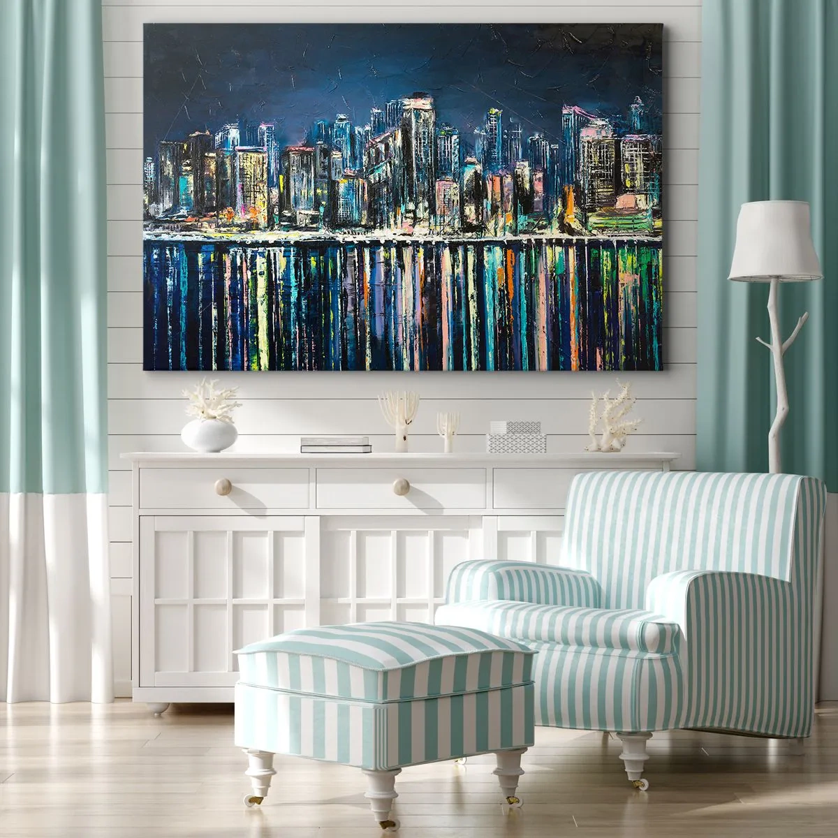 Schilderen op canvas - Panorama van de nachtelijke stad weerspiegeld in het water - 70x50cm - Cascade van lichten - Moderne wanddecoratie voor woonkamer en slaapkamer ARTTOR