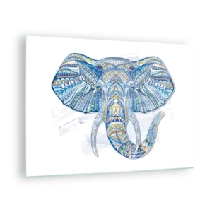 Schilderen op glas - Blauwe olifant in artistieke stijl met geometrische patronen - 70x50cm - Ingelegd met goud en blauw - Moderne wanddecoratie voor woonkamer en slaapkamer ARTTOR