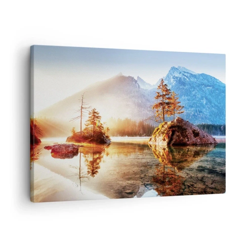 Schilderen op canvas - Een meer met eilanden en bergen op de achtergrond bij zonsopgang - 70x50cm - De natuur in een nieuw licht - Moderne wanddecoratie voor woonkamer en slaapkamer ARTTOR