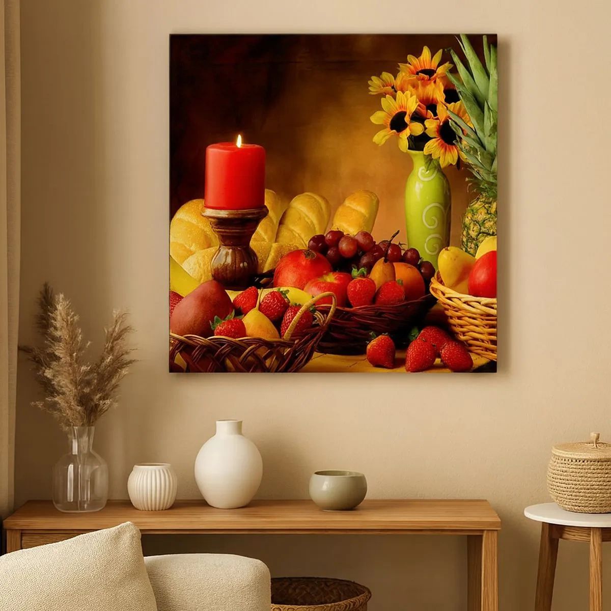 Schilderen op canvas - Stilleven met brood en fruit - 30x30 cm