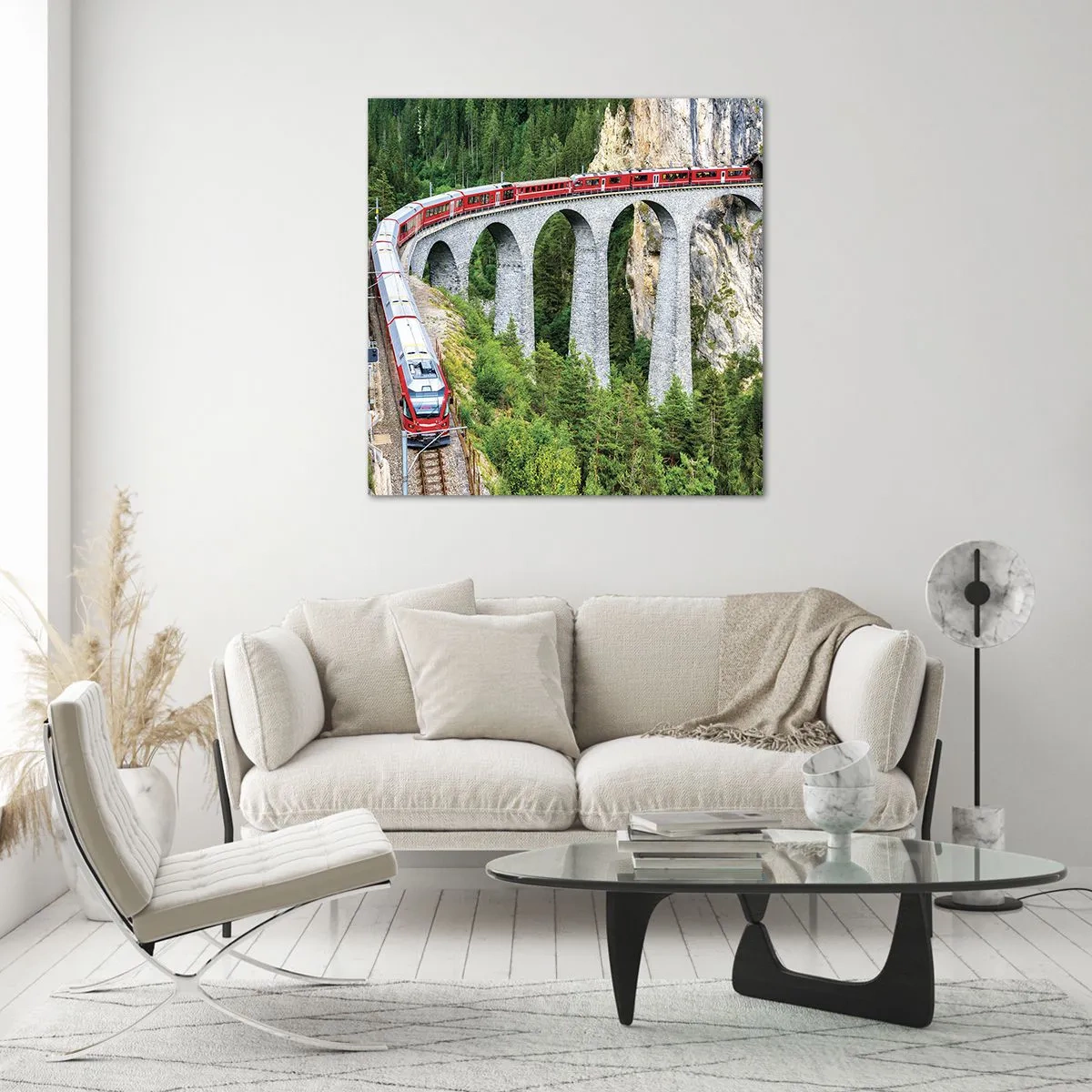 Schilderen op glas - Spoorlijn voor uitzicht op de bergen - 70x70 cm