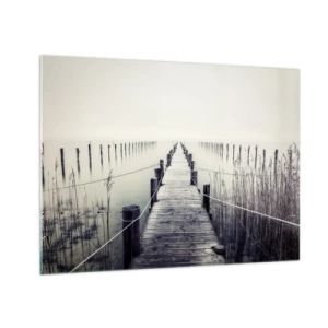 Schilderen op glas - Een houten brug leidt naar de diepte van een kalm meer in de mist. - 70x50cm - Dompel jezelf onder in vrede - Moderne wanddecoratie voor woonkamer en slaapkamer ARTTOR