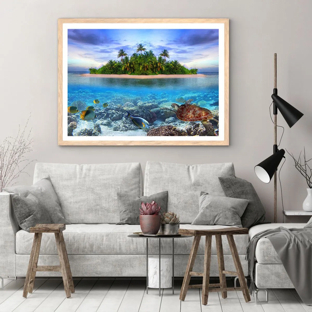 Een poster in een licht eiken lijst - Hemels eiland nodigt je uit - 50x40 cm