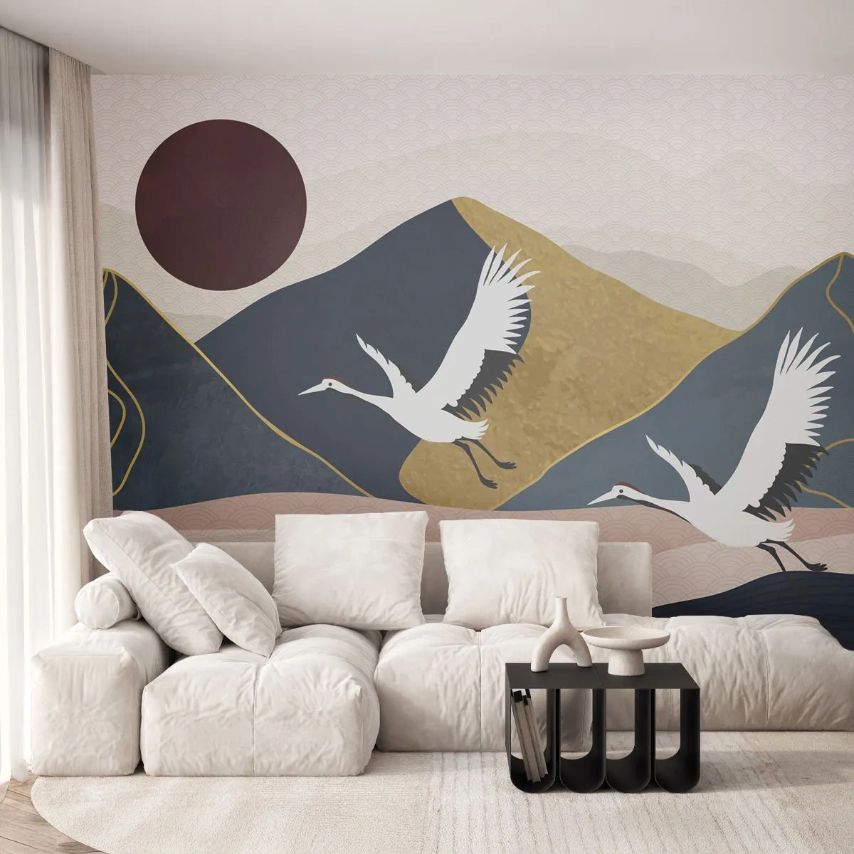 Fotobehang op maat Premium Canvas - Het is weer een dag GEGAAN - Abstractie, Kranen, Bergen