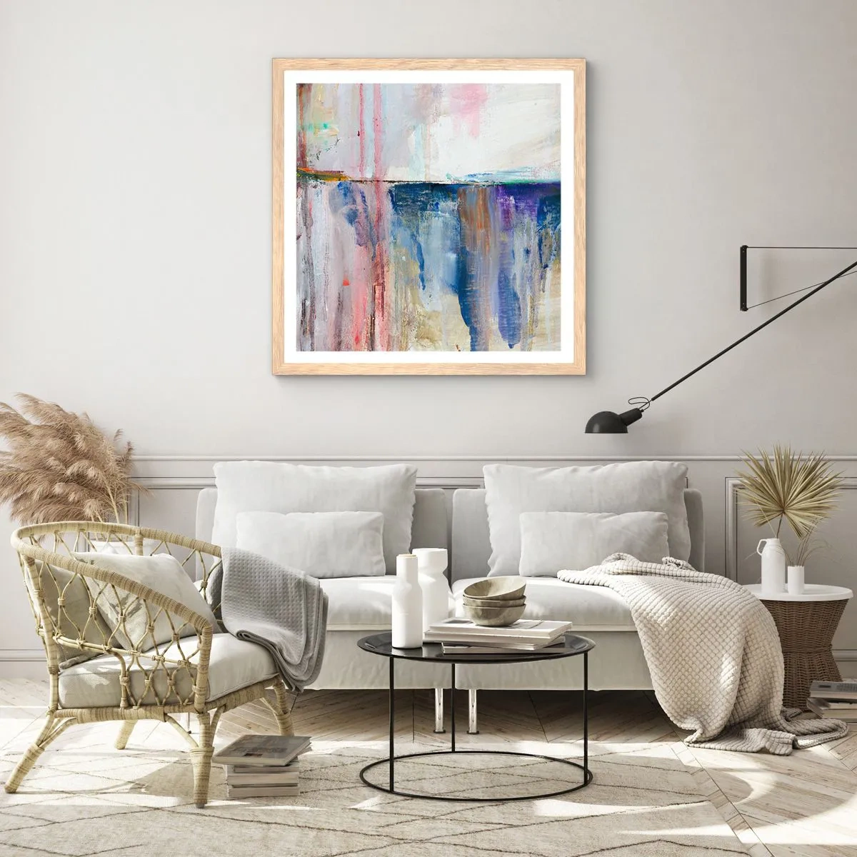 Een poster in een licht eiken lijst - Kleurrijke impressies en associaties - 30x30 cm