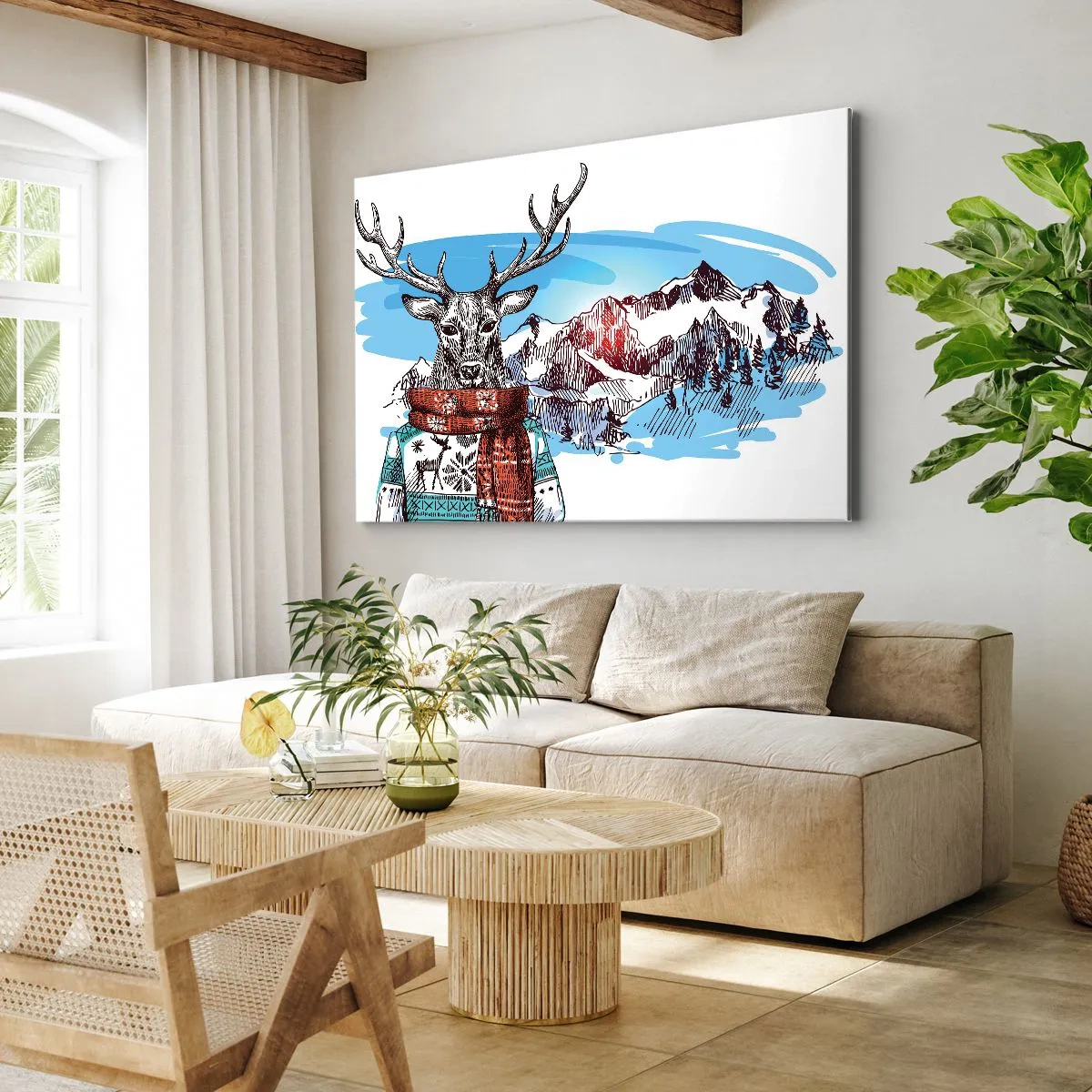 Schilderen op canvas - Een hert in een wintertrui tegen een berglandschap - 70x50cm - Zelfs een hert bevriest niet - Moderne wanddecoratie voor woonkamer en slaapkamer ARTTOR